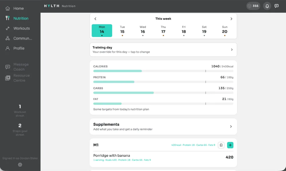 The HYLTH nutrition diary, showing logged meals alongside the day's planned meals with their ingredients and a mark-complete action.