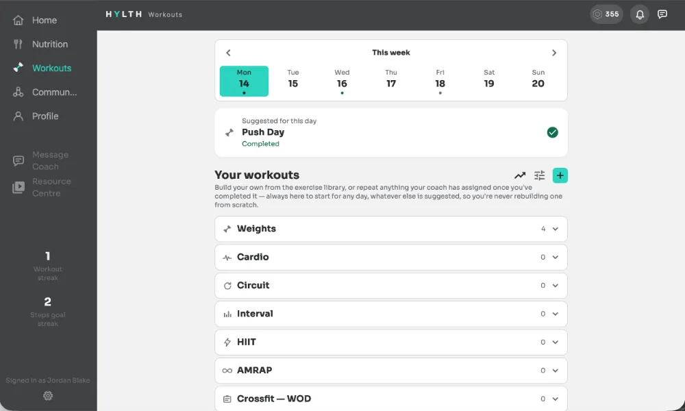 The HYLTH workouts calendar, showing a week of scheduled training sessions.